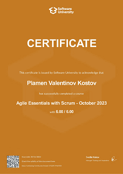 Agile Essentials with Scrum cerificate image
