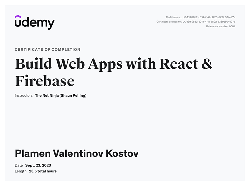 Build Web Apps with React & Firebase - Udemy  cerificate image